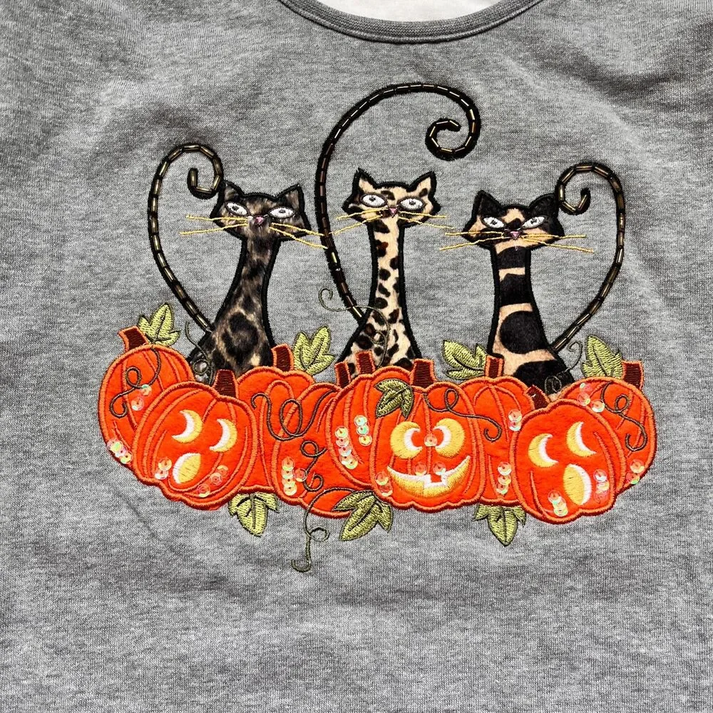 Vintage Halloween Cat Pumpkin Sweatshirt Cottagecore Granny 90s XL Top Cute